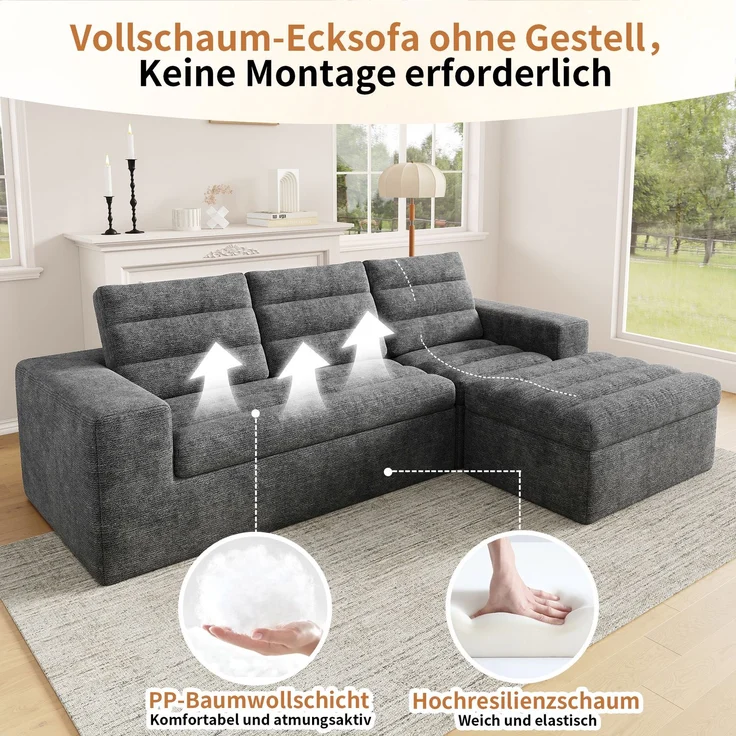 Ecksofa 253 x 161 x 89 cm in Hellgrau, modulares Chenille-Sofa mit Hocker, rahmenloser Schaumstoffpolsterung – Bild 9
