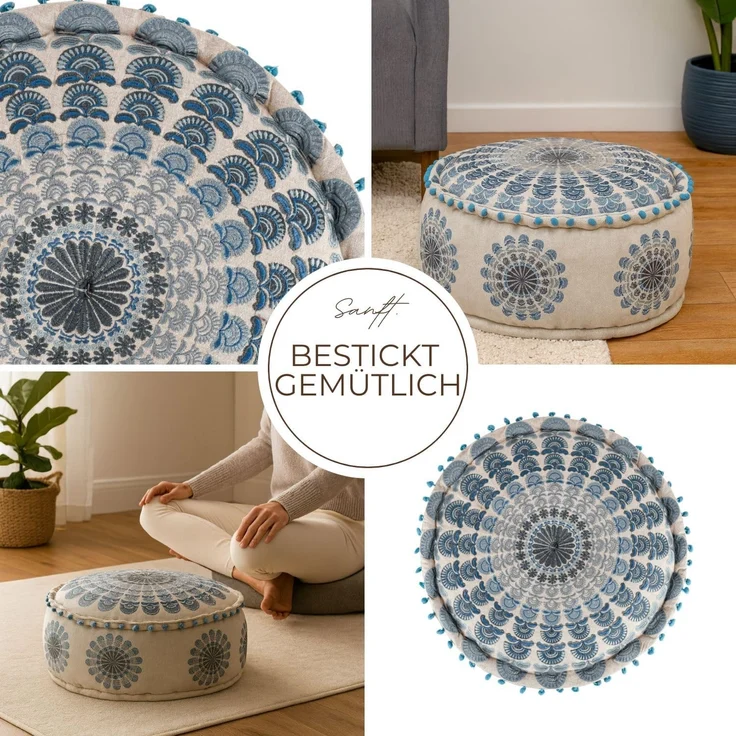 Marrakesch Orient & Mediterran Interior Pouf Pouf Garet Blau, runder Baumwoll-Sitzpouf bestickt 50x25 cm (1-St), Handarbeit – Bild 6
