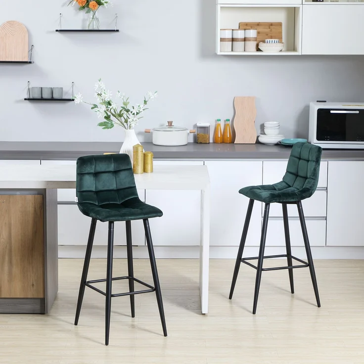 MELAYR, Set aus 2 Designer-Barhockern mit gesteppter Samtoberfläche und Stahlbeinen, 77 cm hoch, dunkelgrün, Grün – Bild 4