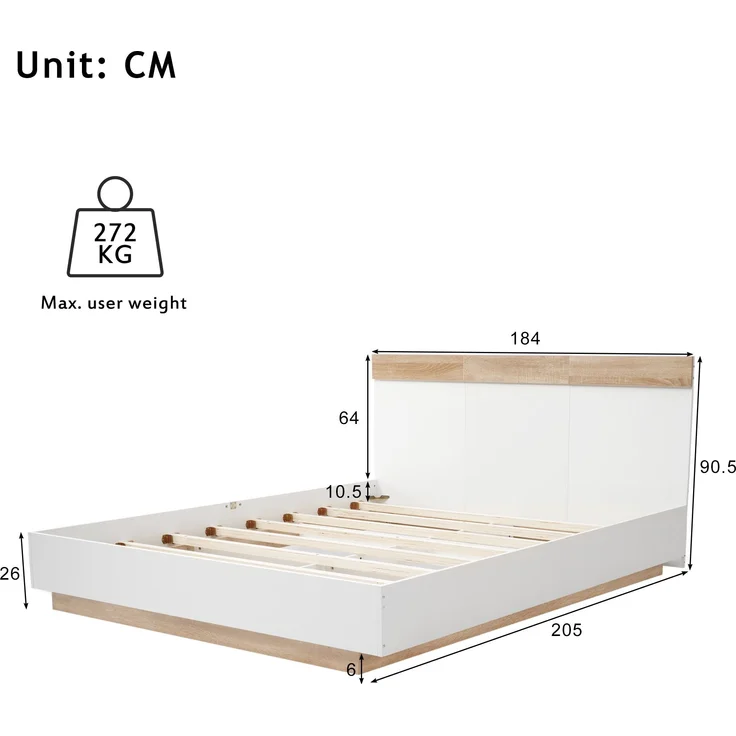 Holzbett Schwebebett mit Kopfteil & Lattenrost, 180x200 cm, 205x184x90,5 cm, Weiß/Eiche, ohne Matratze – Bild 3