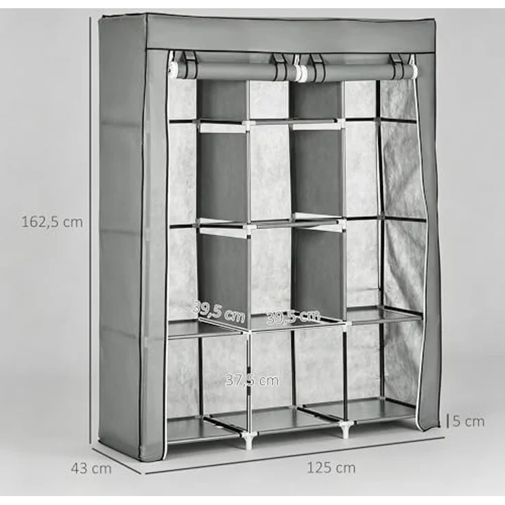 HOMCOM Stoffschrank Faltschrank, Faltbare Garderobe aus Vliesstoff (Kleiderschrank, 1-St, Tücherschrank) Hellgrau, 125 x 43 x 162,5 cm – Bild 8