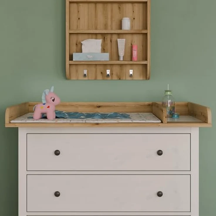 regalik Wickeltischaufsatz mit Teilung für IKEA MALM, Wickelkommoden-Aufsatz mit Trennfach, 48 cm Tiefe, abnehmbar, mit abgerundeter Front, für Wickeltisch oder Wickelkommode, Eiche, 80 × 72 cm – Bild 5