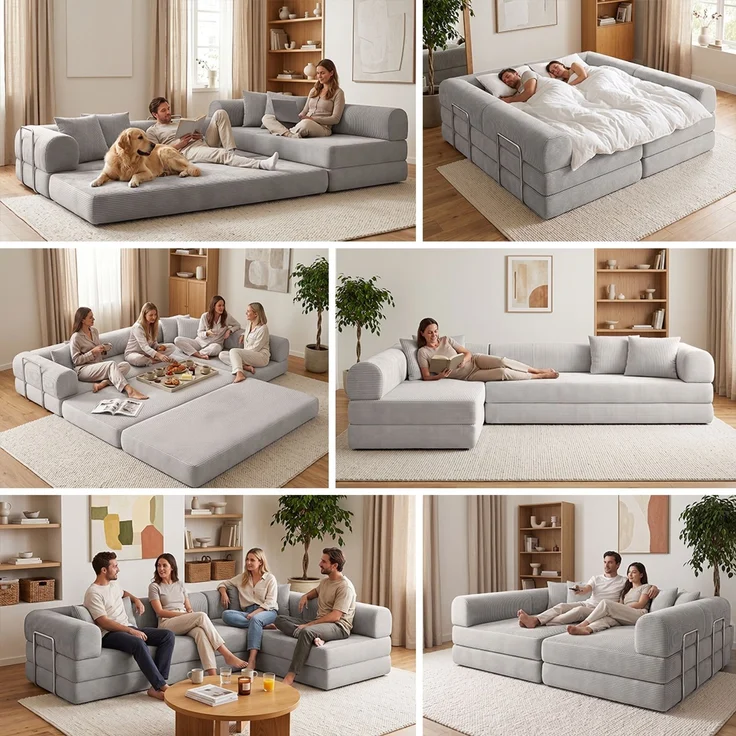 skølm 'Lofn' Modulares Sofa 4 Sitzer, 300x200 cm, Vollschaumcouch mit Metallgestell, Cord hellgrau, Schlafsofa vakuumverpackt, kein Aufbau erforderlich – Bild 4
