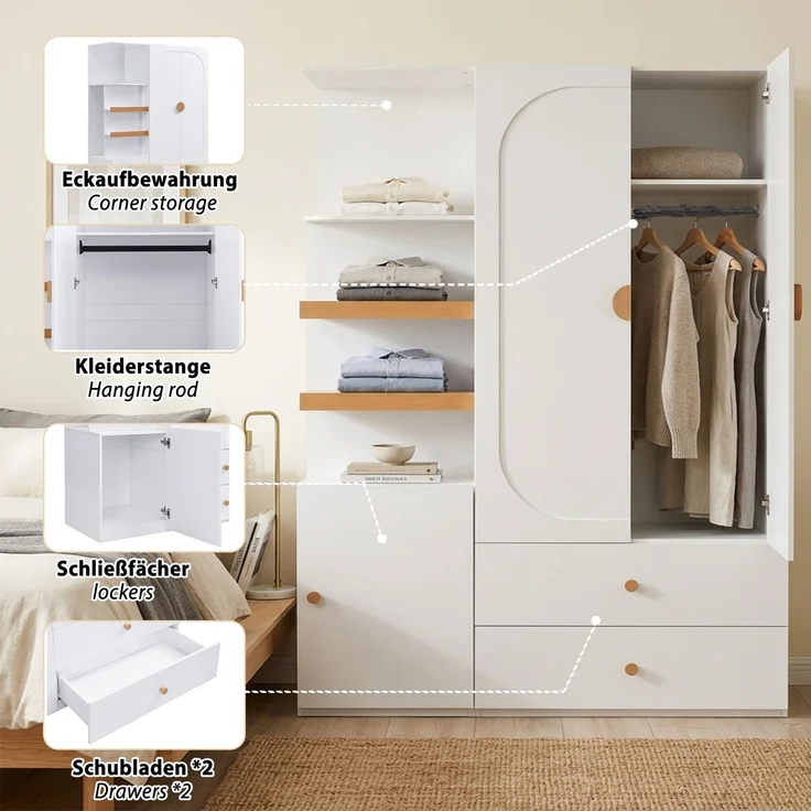 Merax Kleiderschrank mit Stauraum, Mehrzweckschrank in Weiß/Natur, Garderobenschrank mit Schubladen, Kleiderstange und offenen Regalfächern – Bild 7