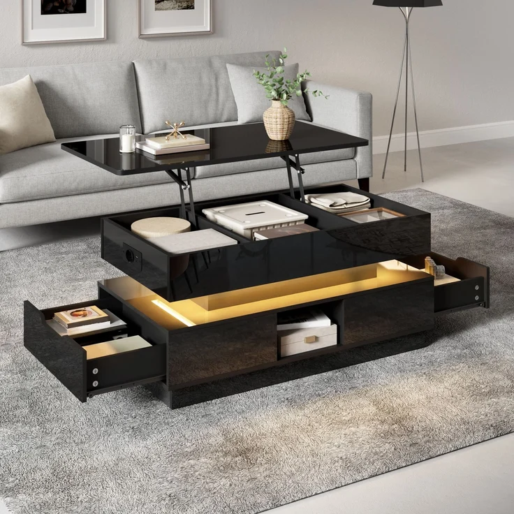 Couchtisch 90 x 48 x 42,5 cm in Schwarz, höhenverstellbar, mit Steckdose, LED und Stauraum – Bild 2