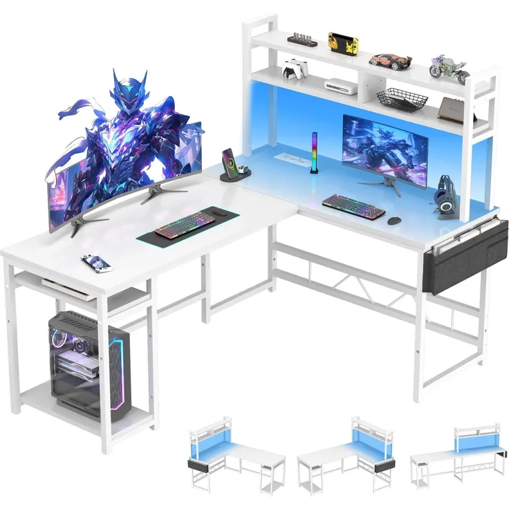 Devoko 160x120cm Gaming Tisch mit LED Steckdosen und USB-Anschlüssen, Weiß