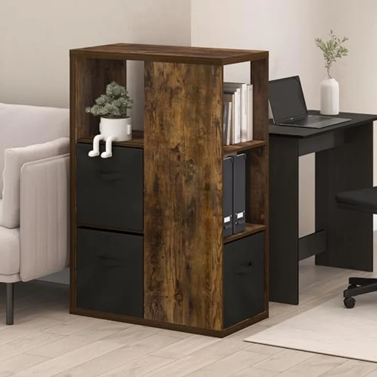 Furinno Viola 3-stöckiges Offenes Regal, Bücherregal, Aufbewahrungsorganizer mit Aufbewahrungsboxen, Amber Pine/Schwarz – Bild 2