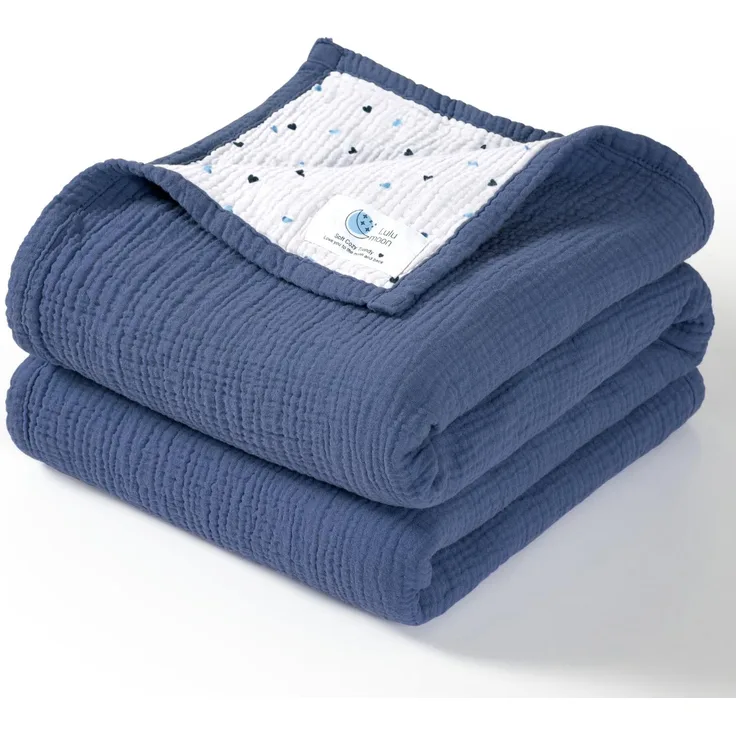 lulumoon Musselin-Babydecke – Baumwoll-Steppdecken für Kleinkinder – wendbare Kinderbettdecke für Babys, Jungen und Mädchen, 120x120 cm (Blau)