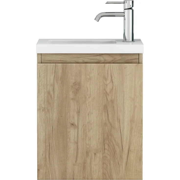 Wandmontierter Waschtischunterschrank, H 48 x T 39.8 x B 24.8 cm, MDF in Oak-Holzoptik, mit Keramikbecken und Spiegel – Bild 10