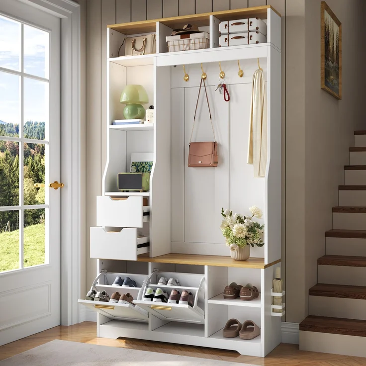 Kompaktgarderobe 100x32x186 cm in Weiß mit Sitzbank, Schuhfächern und App-LED – Bild 2