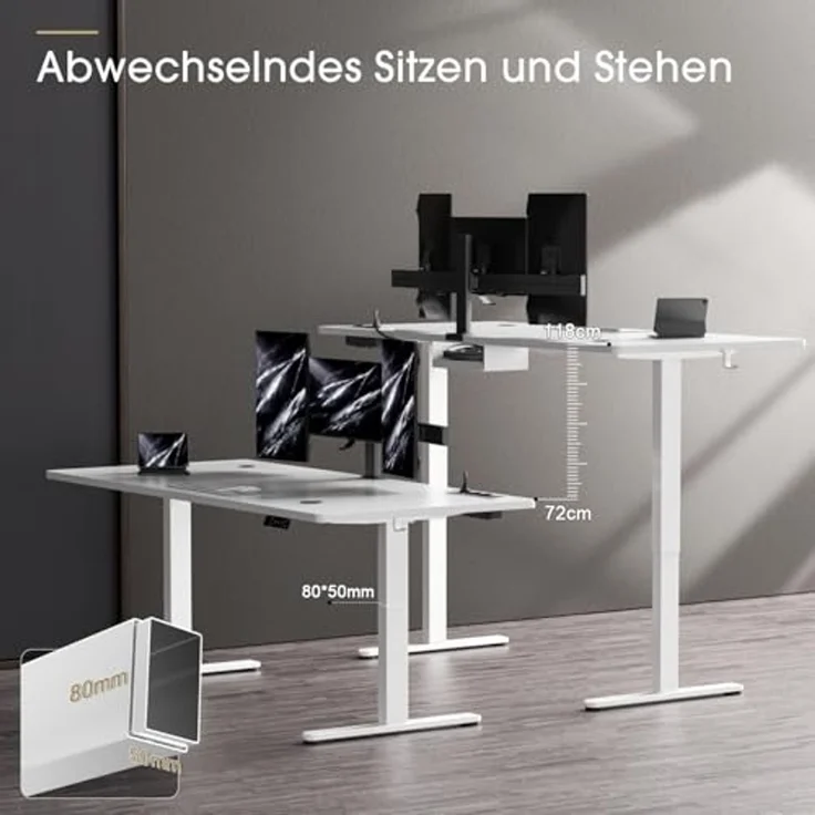 JUMMICO Schreibtisch höhenverstellbar mit kabelloser Ladestation, Euro-Steckdose & USB, Weiß, 180x80 cm – Bild 2