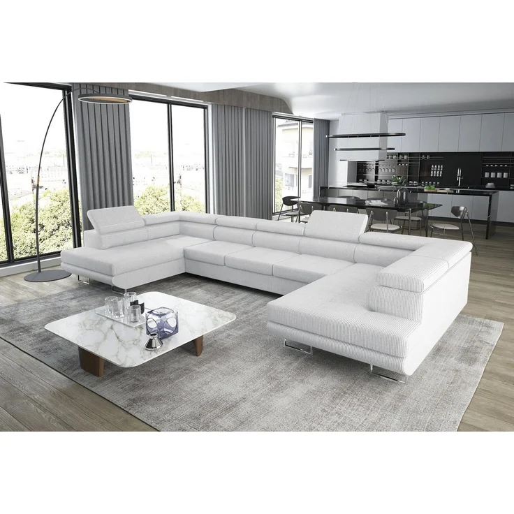 thematys Ecksofa Aston U 403 x 203 cm, mit Schlaffunktion, mit Bettkasten, mit verstellbaren Kopfstützen, Weiß (Poso 100), Ausrichtung 390 cm – Bild 1