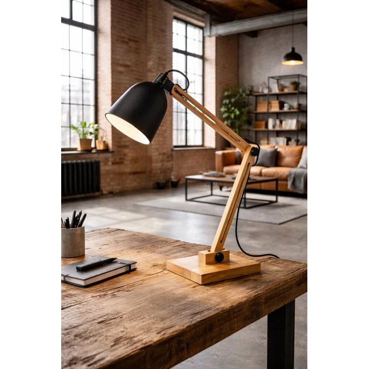EDGAR Moderne Tischlampe mit Holzdesign und flexiblem Arm Schwarz ED026