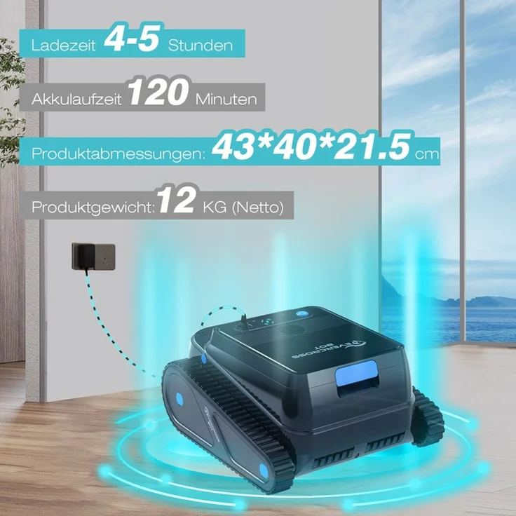 EVERCROSS BOT U8 Poolroboter Wand und Boden, Intelligenter Navigation, 120 Min Akkulaufzeit, Kabellos Poolsauger bis 200m² Pools (Schwarz) – Bild 7