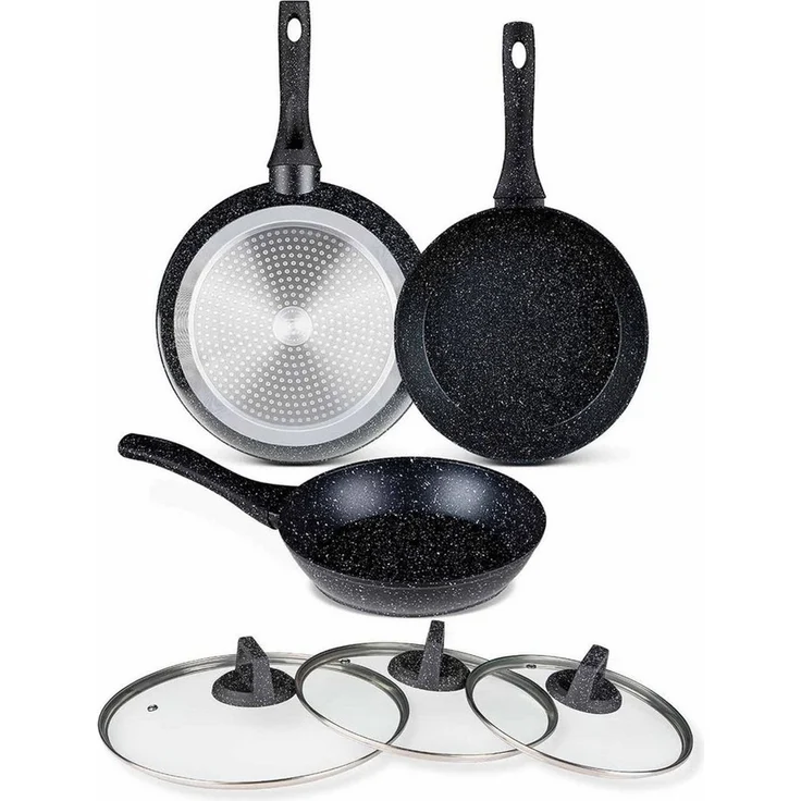 BEM Pfannen-Set Pfannen mit Glasdeckeln (20, 24, 28 cm), Aluminium und Antihaftbeschichtung (Set, 6-tlg, komfortable und hitzebeständige Griffe), für alle Herdarten geeignet – Bild 1