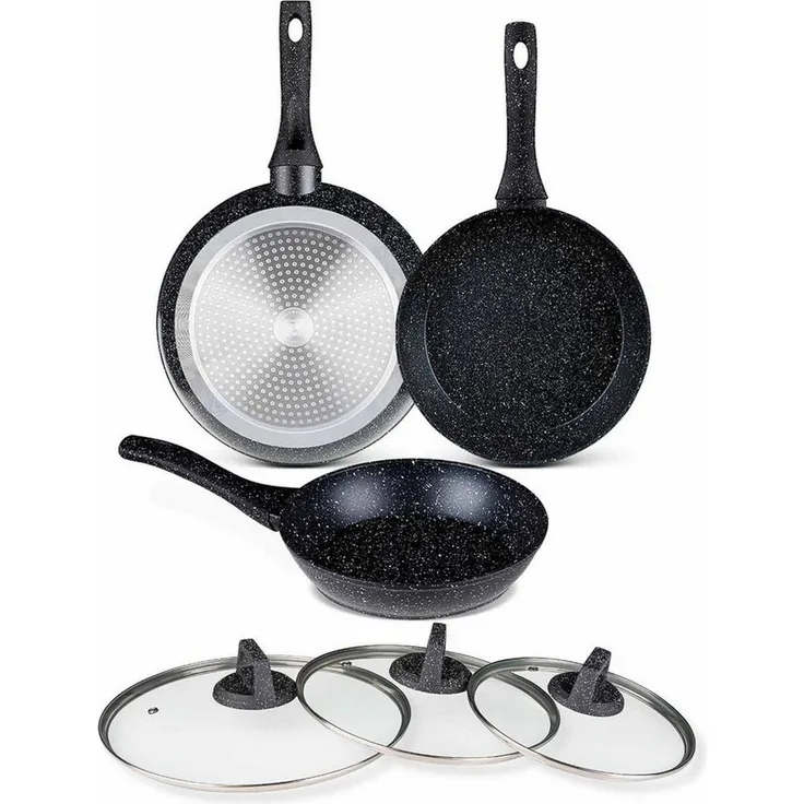 BEM Pfannen-Set Pfannen mit Glasdeckeln (20, 24, 28 cm), Aluminium und Antihaftbeschichtung (Set, 6-tlg, komfortable und hitzebeständige Griffe), für alle Herdarten geeignet