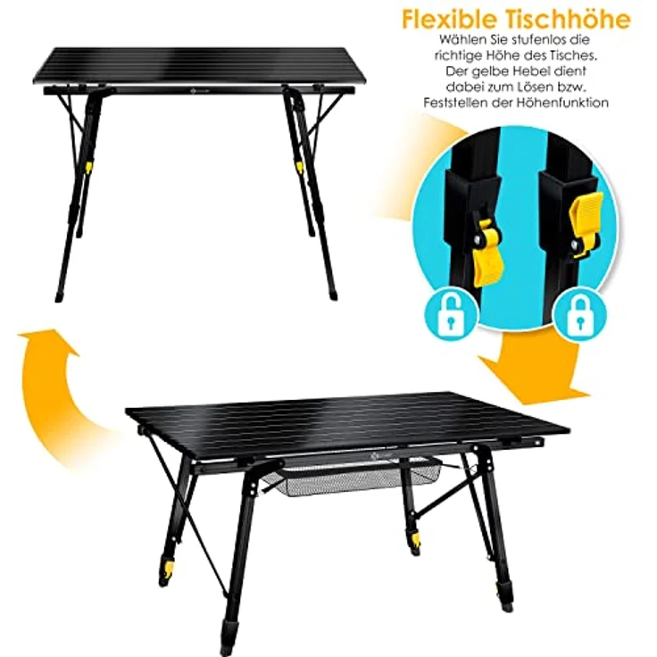 KESSER® Campingtisch faltbar Klapptisch mit Aluminiumrahmen Aufrollbare Tischplatte Falttisch klappbar höhenverstellbar inkl. Tragetasche mit Trageband & Netztasche Schwarz – Bild 5