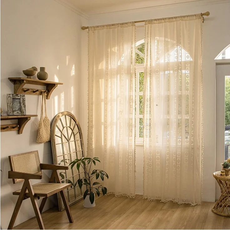 Diwzbyn Vorhang Beige Boho-Vorhang, halbtransparenter Vorhang mit Fransen, geeignet für die Wohn- und Schlafzimmerdekoration – Bild 2