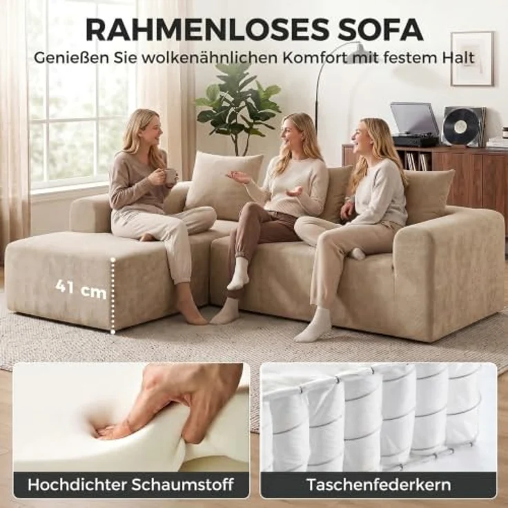 HOMCOM Ecksofa L-Form 242 cm, Boneless Couch in Beige, 3-Sitzer mit Rücken- und Sitzpolsterung, Taschenfederkern, inklusive 3 Kissen, rahmenlos, keine Montage erforderlich – Bild 5