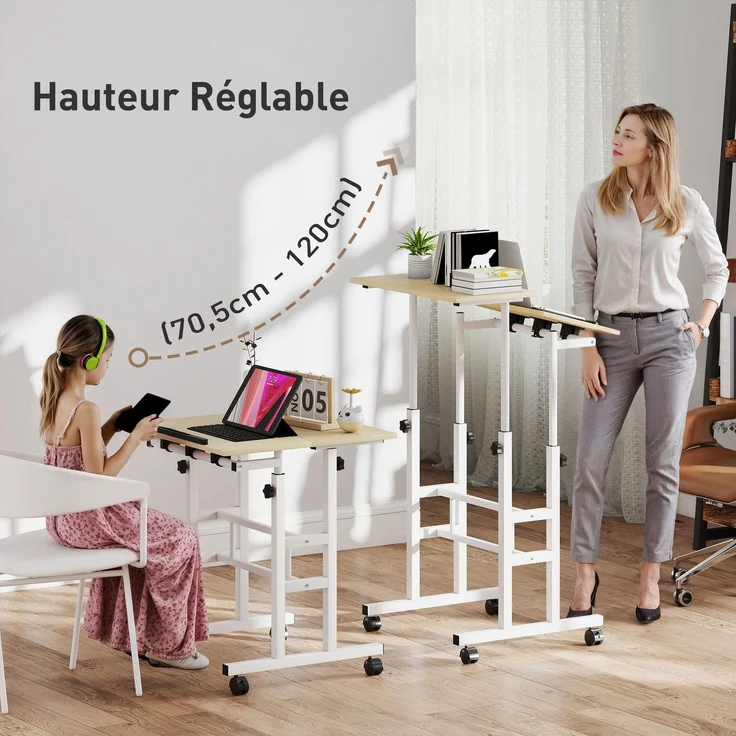 MELAYR, Sitz-Steh-Schreibtisch, höhenverstellbarer Schreibtisch 60 x 60 cm mit Rollen, neigbarer Tischplatte, Naturholz – Bild 6