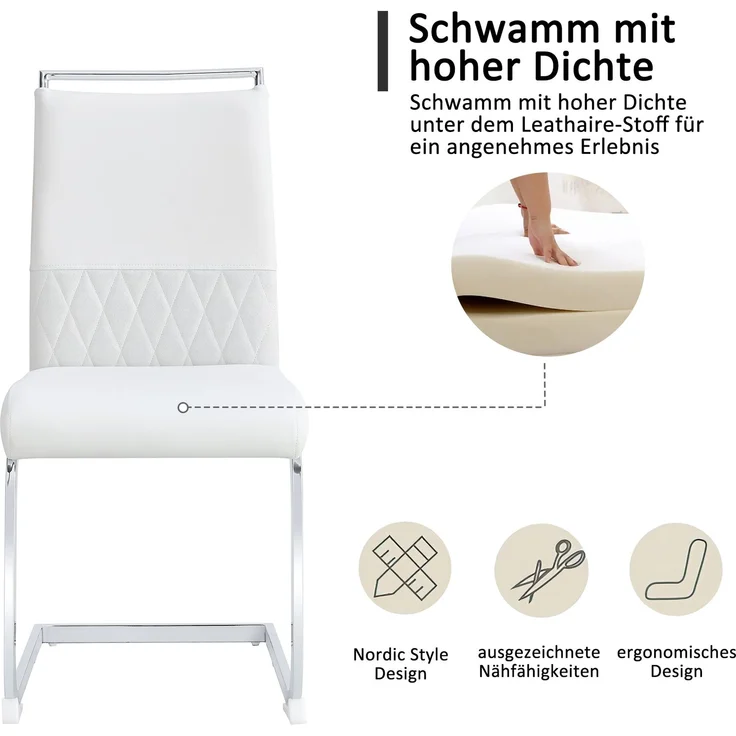 Esszimmerstuhl 2er-Set ergonomisch mit Kunstleder & Leinen gepolstert, komfortabler Küchen- und Bürostuhl,Weiß – Bild 2