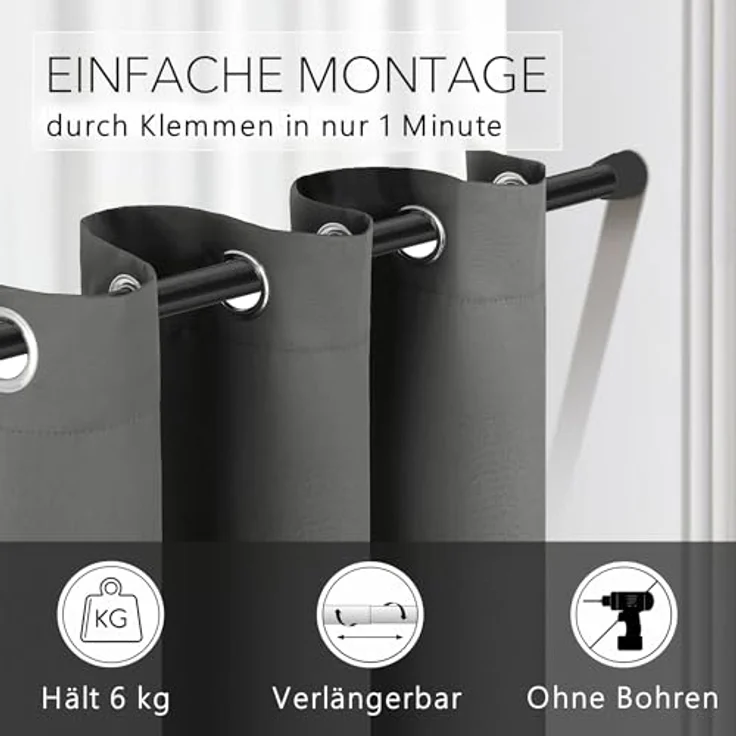 tinycurtains Klemmstange Teleskopstange 70-120 cm oder 111-200 cm Vorhangstange ohne Bohren, Ø 0.22 mm, 1-läufig, ausziehbar, klemmbar, Duschvorhangstange, Badstange, Gardinenstange, Metall, Klemmstange, stufenlos verstellbar, rostfrei, Stange für Türv... – Bild 4