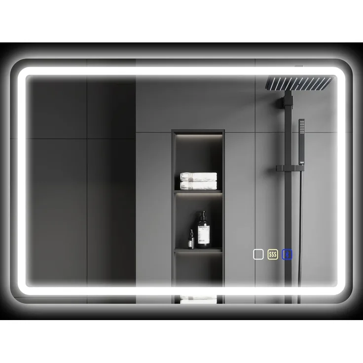 MELAYR, Badezimmerspiegel mit LED-Beleuchtung, Anti-Beschlags-Pad, 3 verstellbare Farben, 70 x 50 x 3.5 cm, Silber