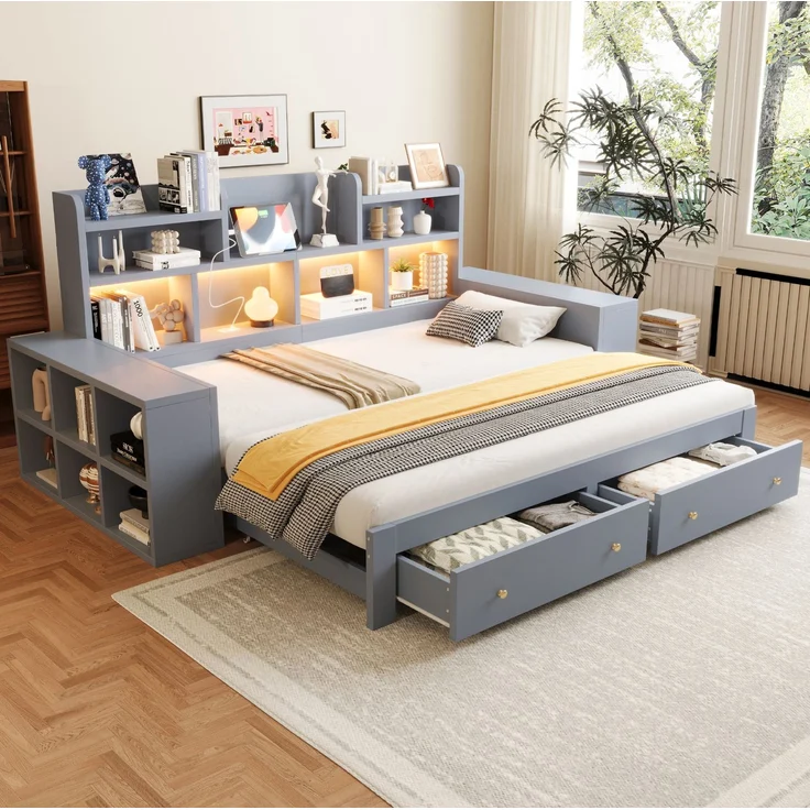 CHICFURN Ausziehbett aus MDF Grau 90/180x200 cm mit Stauraum und LED-Beleuchtung – Bild 1