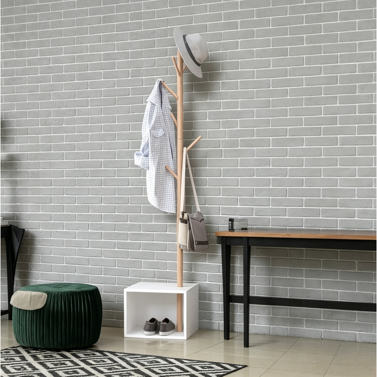 Garderobenständer 40 x 30 x 180 cm mit 6 Haken und Stauraum – MDF und massives Bambusholz