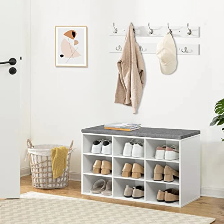 HOOBRO Garderobe Schuhregal Set, Schuhbank mit 9 F Cher, Schuhregal mit gepolsterter Sitzbank, Wandgarderobe mit 9 Haken, Schuhschrank f r Flur, Eingangsbereich, Schlafzimmer wei EWT89HX01 – Bild 5