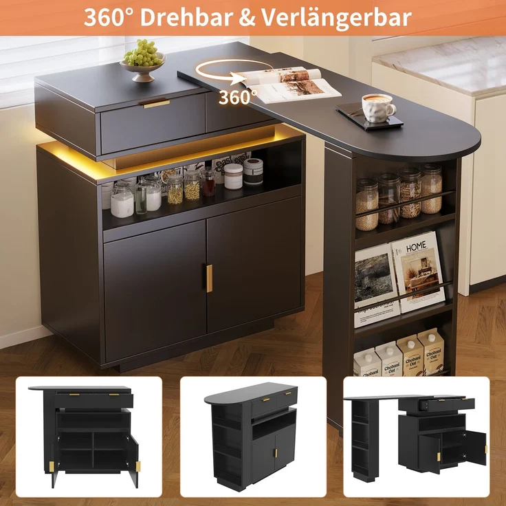 Merax Ausziehbarer Bartisch (115-183 × 40 × 99 cm), ausziehbare Kücheninsel, Bartisch mit Stauraum, LED‑Beleuchtung, 360° Drehfunktion, mobile Kaffeebar, geeignet für Küche und Esszimmer, Schwarz – Bild 6