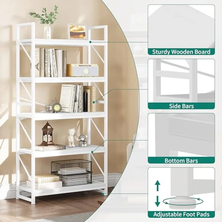 YITAHOME Bücherregal Mit 5 Ebenen - Industrielles Holzregal Mit Metallrahmen, Großes Freistehendes Regal, Präsentationsregal für Wohnzimmer, Heimbüro - Reinweiß – Bild 6