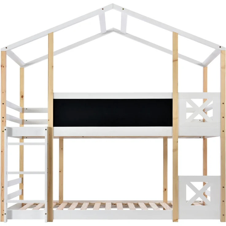 Etagenbett 90x200 cm mit Dachrahmen, Tafel & Leiter, Hochbett aus Kiefernholz, sicher & stabil, Weiß, Kinderbett – Bild 10