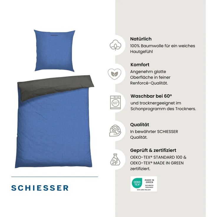 Schiesser 'Doubleface' Wendebettwäsche, Baumwolle, 2-teilig, Blau / Anthrazit, 135x200 cm, Renforcé – Bild 2