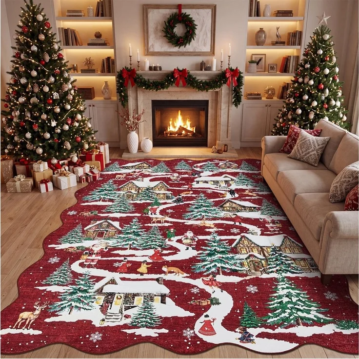 GarveeMore Teppich Roter Weihnachtsteppich mit Winterlandschaft – Festlicher Dekoteppich, Höhe: 5 mm – Bild 2