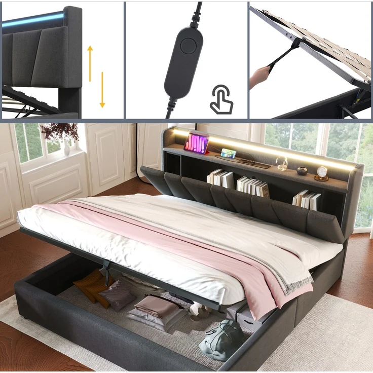 Polsterbett 140x200 cm mit Steckdosen, USB, RGBW-LED-App-Steuerung, Stauraum-Kopfteil & Bettkasten, Stoffbett Grau – Bild 6
