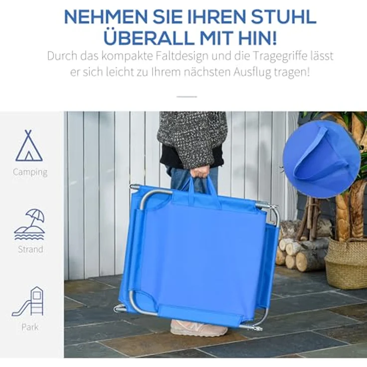Outsunny Klappbare Sonnenliege mit 5-fach verstellbarer Rückenlehne, wetterfest, bis 120 kg belastbar, für Garten und Outdoor, Blau – Bild 6