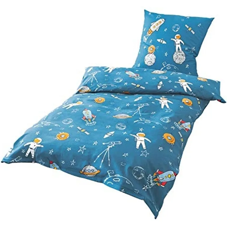 JACK Bettwäsche JACK by Bierbaum 135x200cm, Biber, 2 teilig, Astronaut Weltall Sterne Weltraum Raumschiff Blau