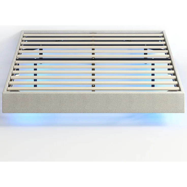 Rayofly-Schwebendes Bettgestell 140x190 cm mit LED Beleuchtung, Leinenbezug Doppelbett, Holzlattenrost, Beige, H 270cm x T 1910cm x B 1420cm – Bild 2