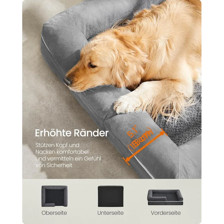 Feandrea Orthopädisches Hundebett, Hundekissen, Hundekorb, weiche Polsterung, Hundesofa, erhöhte Ränder, Bezug abnehmbar und waschbar, 106 x 80 x 20 cm, rutschfeste Unterseite, hellgrau PGW077G02 – Bild 4