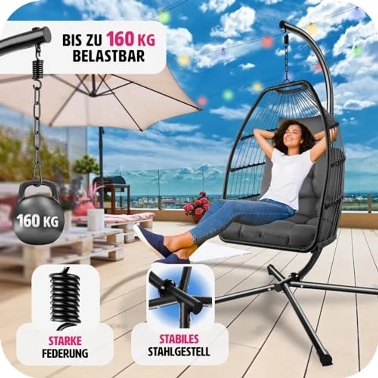 tectake Hängesessel Ariane, Dunkelgrau, Textil, robustes Stahlgestell, belastbar bis 160 kg, mit Schutzhülle, 98x202x107 cm – Bild 6