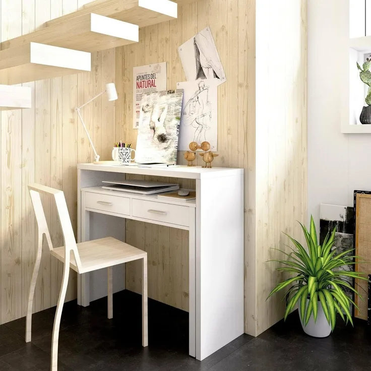 Dmora - Schreibtisch Losetta, Multipositionsschreibtisch mit ausziehbarer Platte, lineare Arbeitskonsole mit 2 Schubladen, 99 x 70 x 88 cm, Weiß