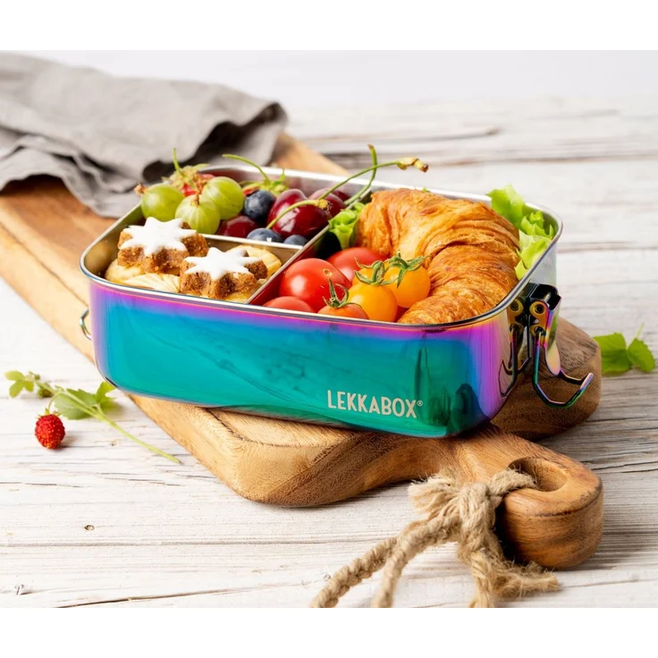 LEKKABOX Lunchbox Kinder Edelstahl Brotdose 1000ml - 3 Fächer auslaufsicher Bentobox, (1 Edelstahldose mit Deckel, 2 zusätzliche Clips mit Silikonschutz), Auslaufsicher dank Dichtung, mit 3 Fächern für trockene Lebensmittel – Bild 3