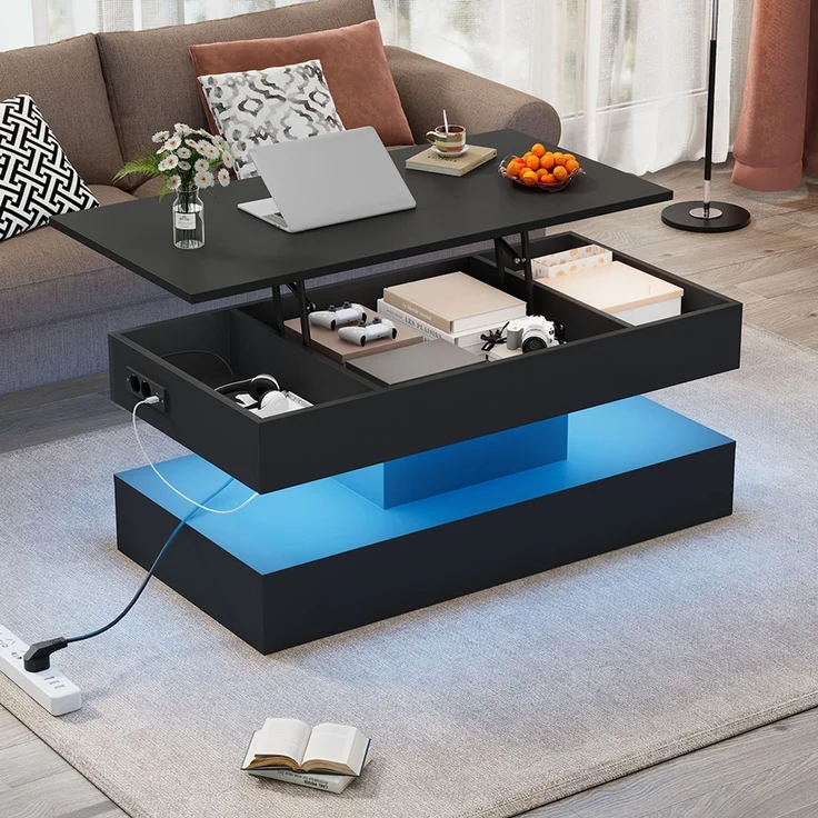 Höhenverstellbarer Couchtisch mit LED-App-Steuerung, verstecktem Stauraum und EU-Steckdosen, 100×50×42 cm, modern schwarz – Bild 4