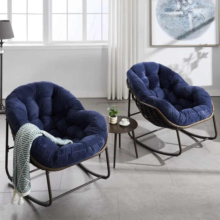 Outdoor Rattan Schaukelstuhl, Polsterte Sitzschaukel mit Lehne für Vordereingang, Wohnzimmer, Patio, Garten--Marineblau--93x73x23cm--YOUDENOVA – Bild 5