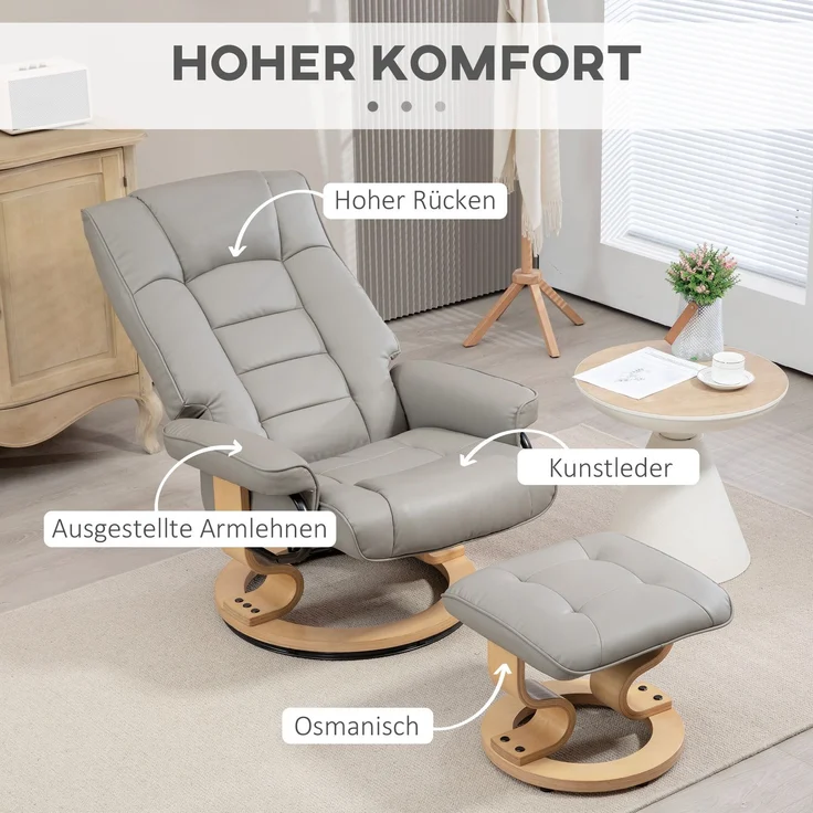HOMCOM Relaxsessel mit Hocker, Kunstleder, Holz, Grau, 76L x 85B x 104H cm – Bild 7