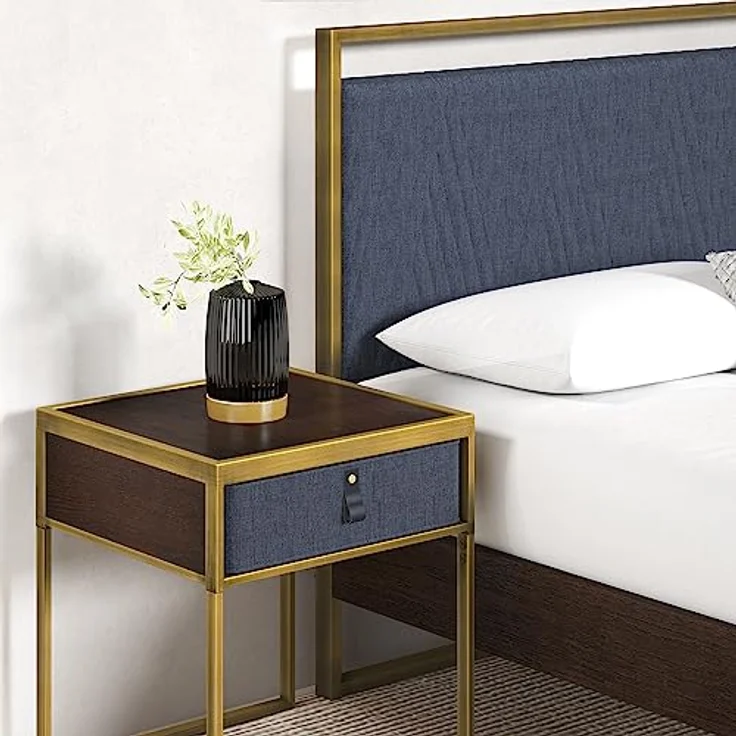 Zinus Ilsang Nachttisch 45 x 43 x 52 cm - Metall und Holz Beistelltisch - Taupe Stoff Schublade - Braun und Schwarz – Bild 2