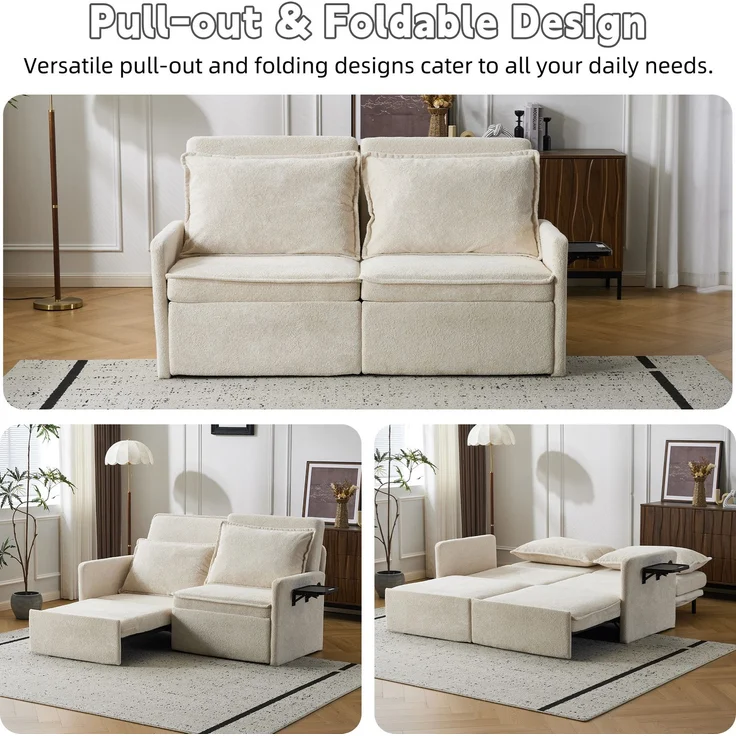 Schlafsofa mit teilbarer Sitzfläche, Chenille in Beige, verstellbarer Rückenlehne und USB/Type-C-Anschluss,95 x 172.5 x 71 cm – Bild 2