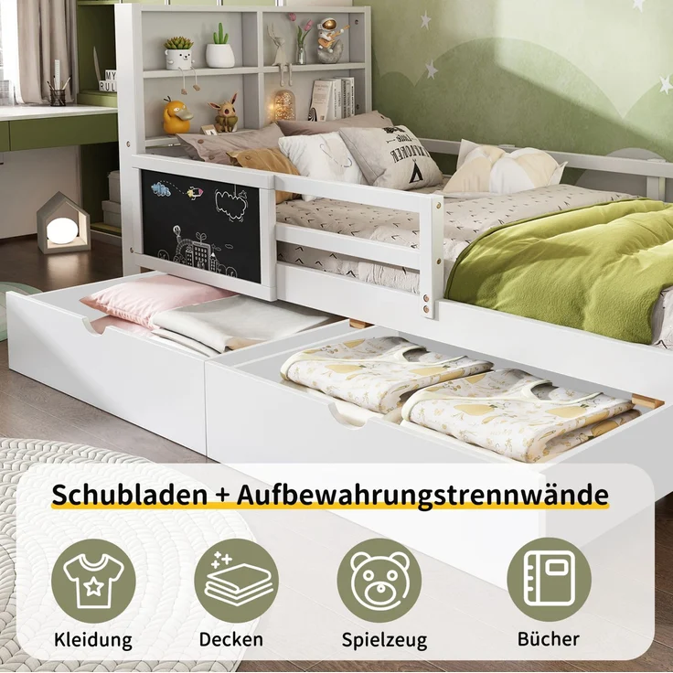 Kinderbett 90x200 cm in Weiß mit Tafel, Sicherheitsleiste und 2 Schubladen – ohne Matratze – Bild 7