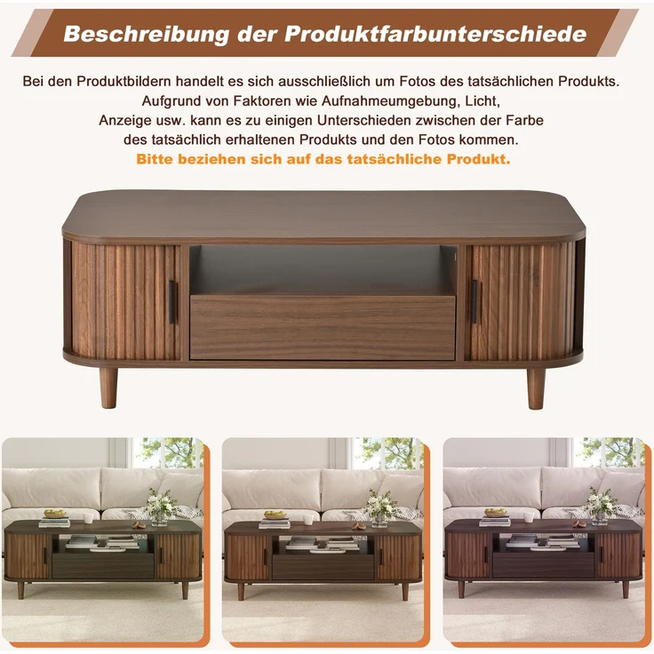 Couchtisch B 100 x T 50 x H 35 cm in Walnussholzfarbe mit Schublade und Rollladentüren – Bild 7
